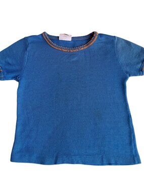 True Vintage Girls Shirt 5-6 1980's THin KNit JC PENNEY BLUE/ORANGE TRIM Top